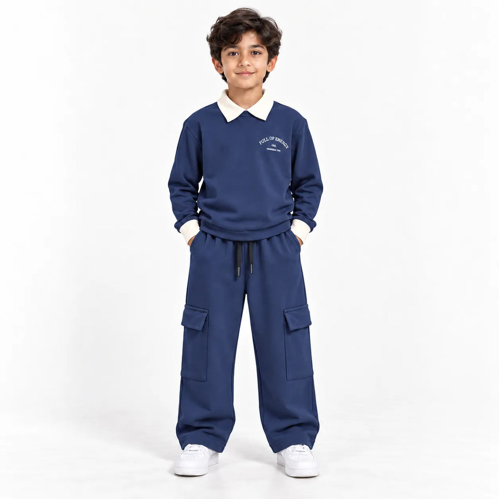 Urban Ease Kids Drop Shoulder T-Shirt & Baggy Cargo Trouser Co-Ord Set – Navy Blue