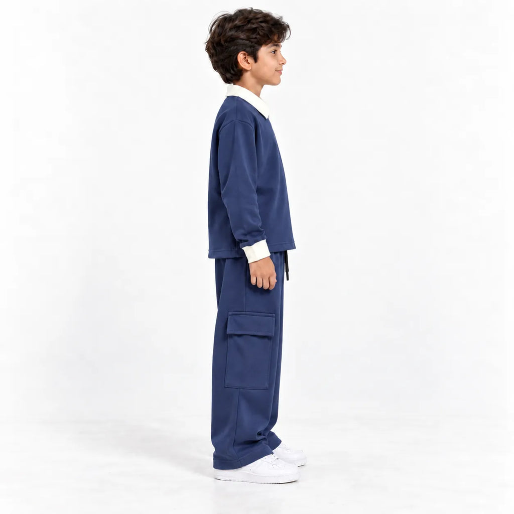 Urban Ease Kids Drop Shoulder T-Shirt & Baggy Cargo Trouser Co-Ord Set – Navy Blue