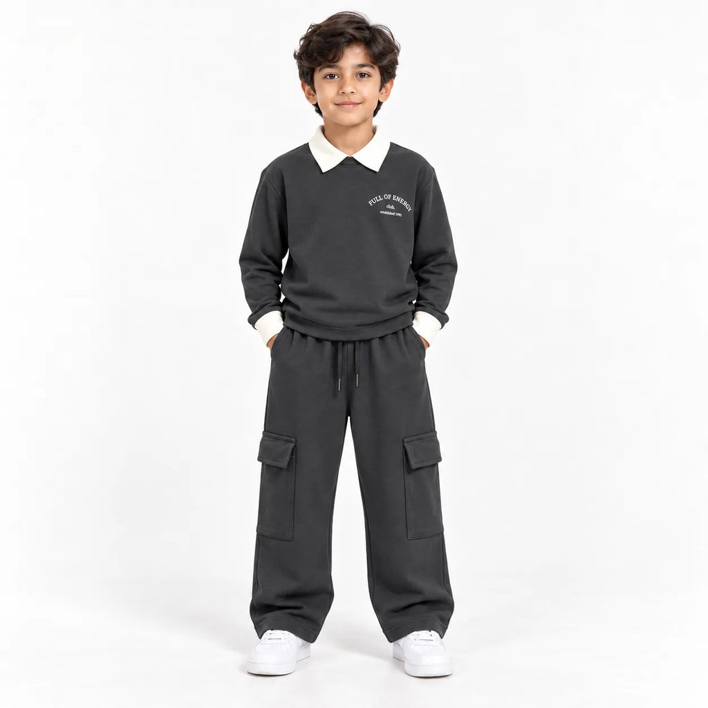 Urban Ease Kids Drop Shoulder T-Shirt & Baggy Cargo Trouser Co-Ord Set – Charcoal Grey