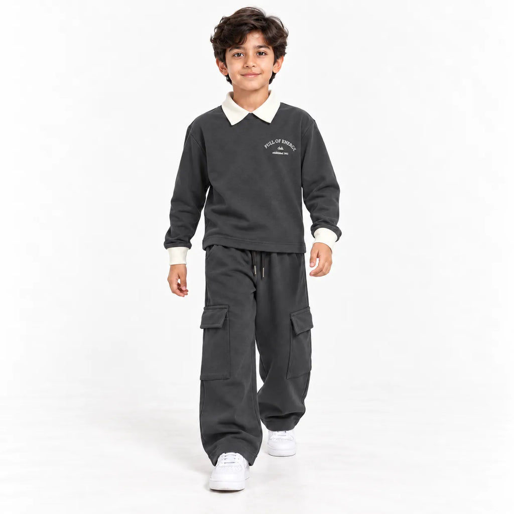 Urban Ease Kids Drop Shoulder T-Shirt & Baggy Cargo Trouser Co-Ord Set – Charcoal Grey