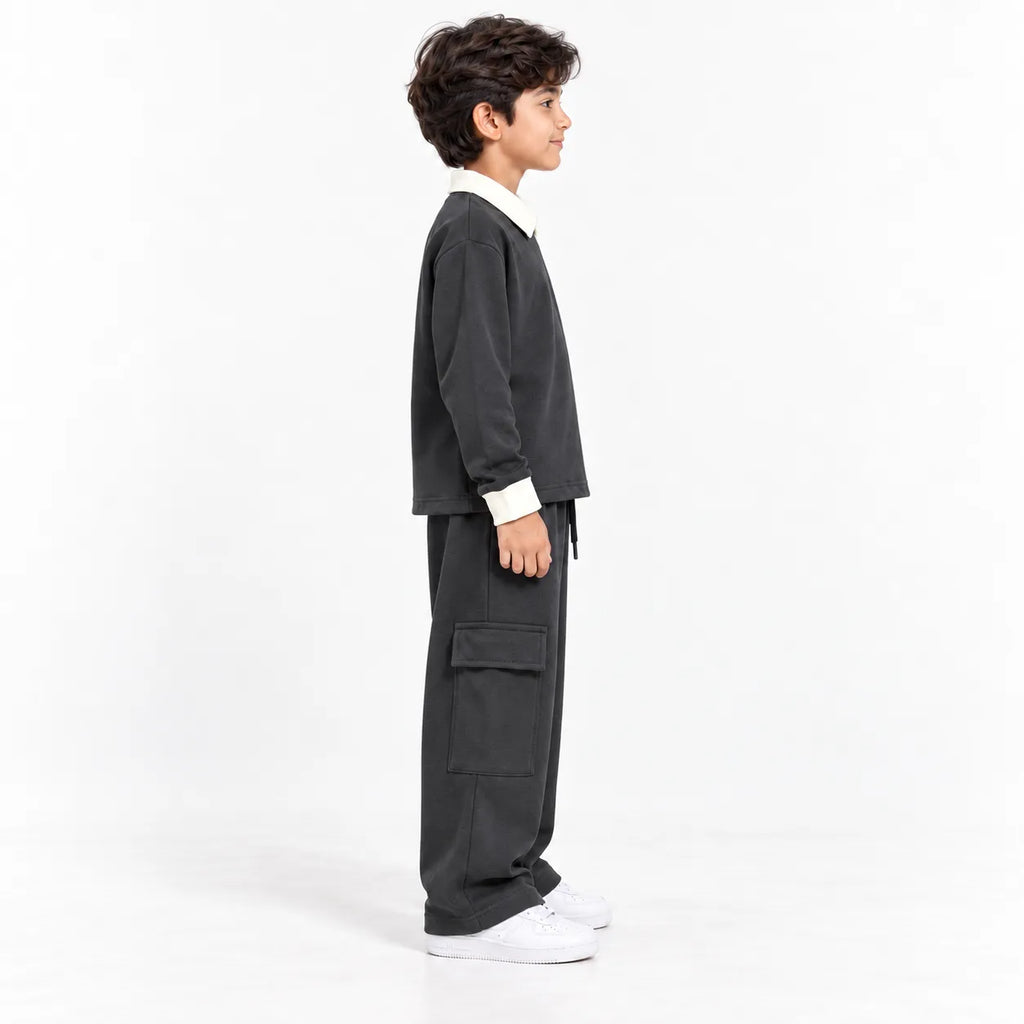Urban Ease Kids Drop Shoulder T-Shirt & Baggy Cargo Trouser Co-Ord Set – Charcoal Grey