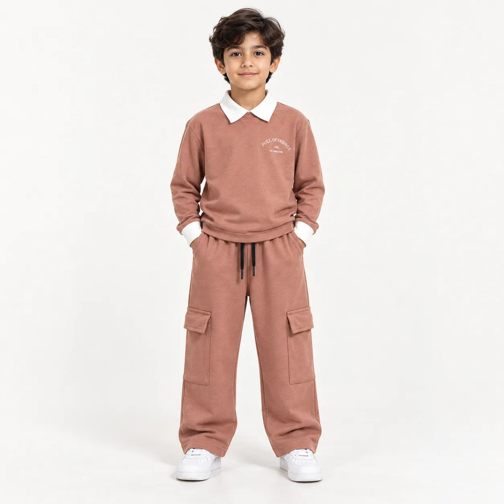 Urban Ease Kids Drop Shoulder T-Shirt & Baggy Cargo Trouser Co-Ord Set – Dusty Rose