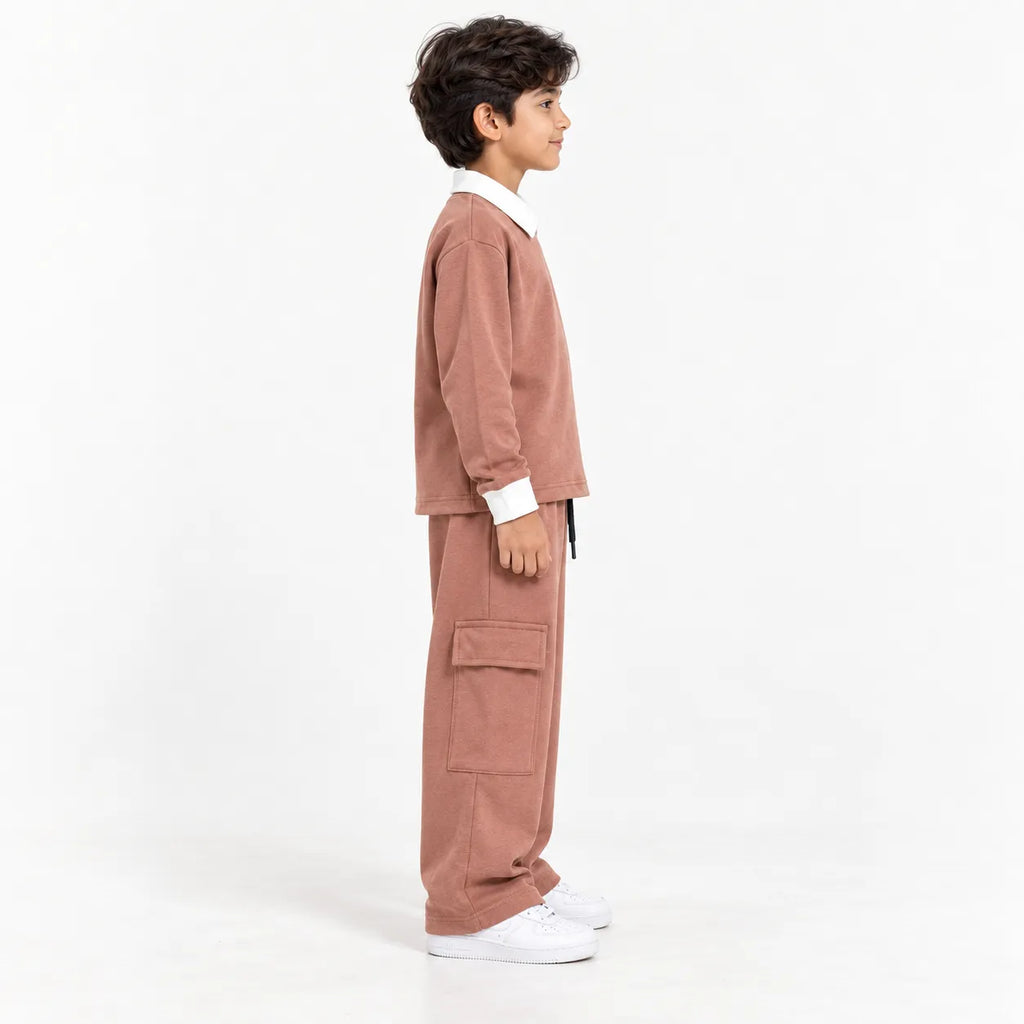 Urban Ease Kids Drop Shoulder T-Shirt & Baggy Cargo Trouser Co-Ord Set – Dusty Rose
