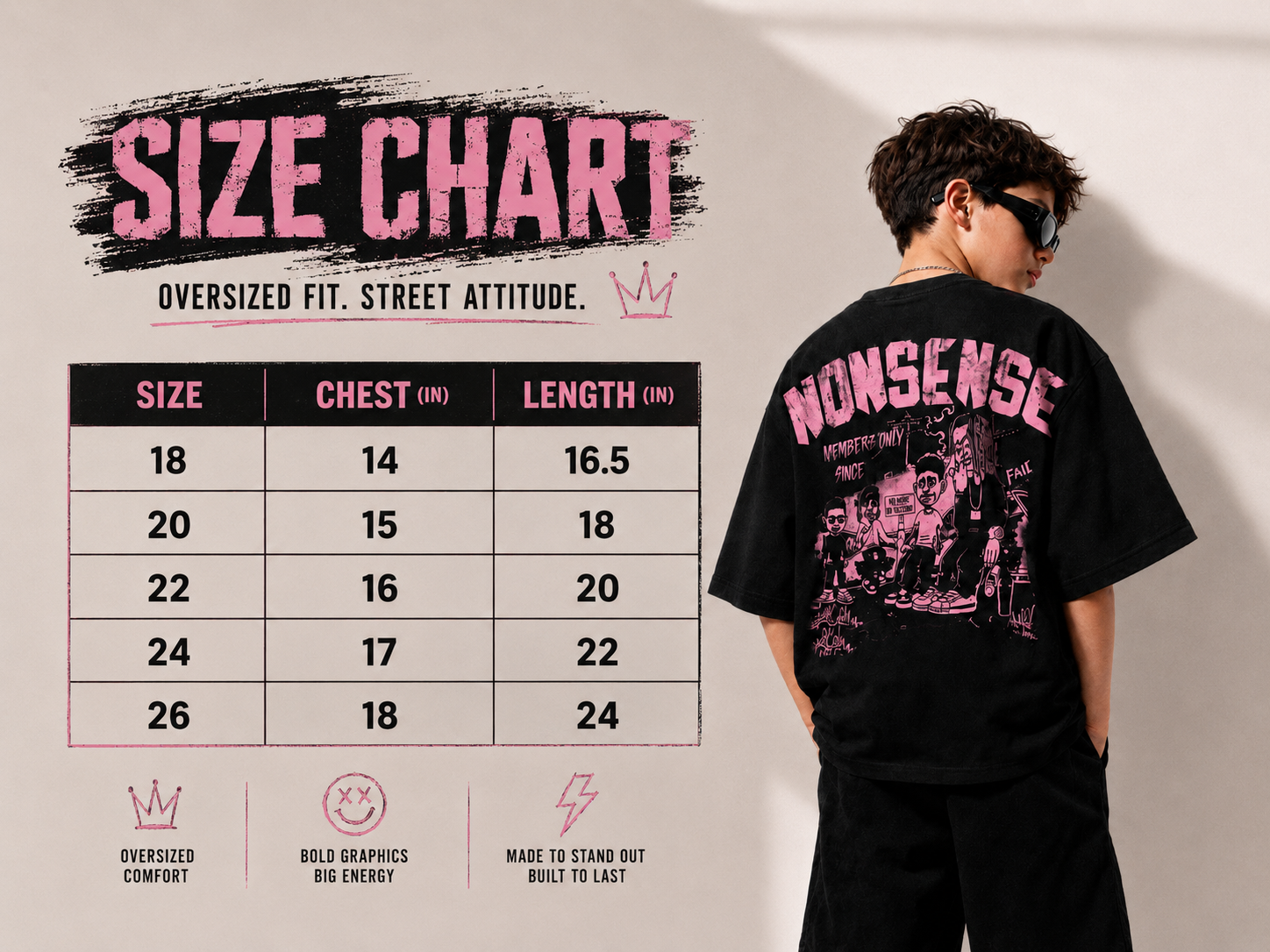 Kids Nonsense Graphic Oversized T-Shirt – Interlock Fabric | Down Shoulder Style