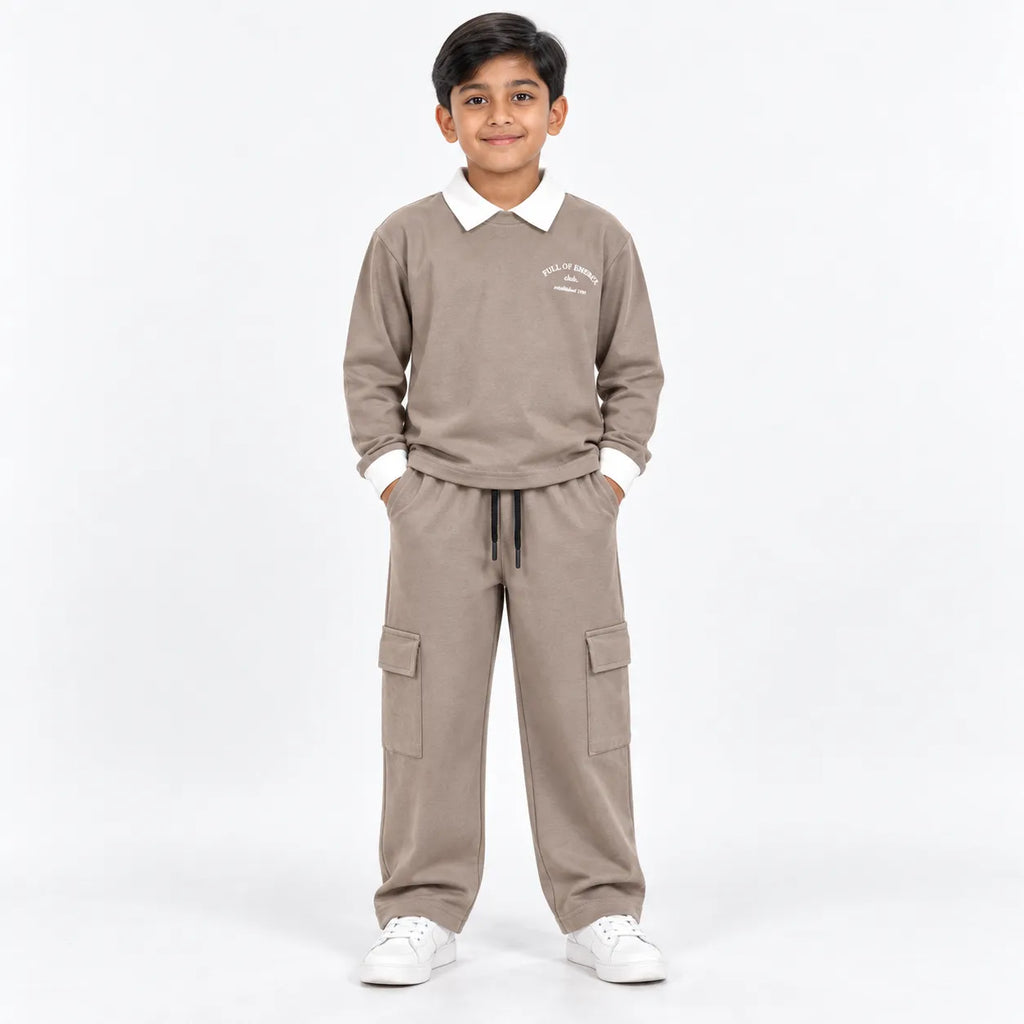 Urban Ease Kids Drop Shoulder T-Shirt & Baggy Cargo Trouser Co-Ord Set – Mushroom Taupe