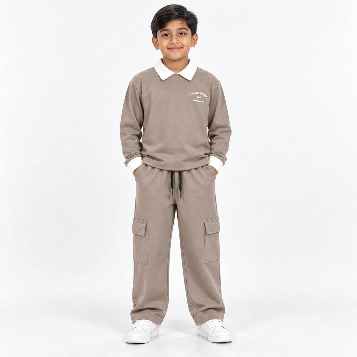 Urban Ease Kids Drop Shoulder T-Shirt & Baggy Cargo Trouser Co-Ord Set – Mushroom Taupe