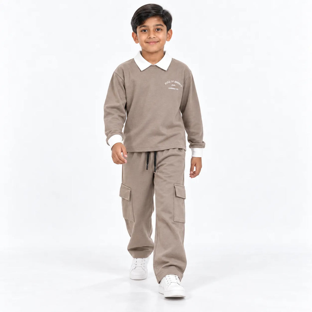 Urban Ease Kids Drop Shoulder T-Shirt & Baggy Cargo Trouser Co-Ord Set – Mushroom Taupe