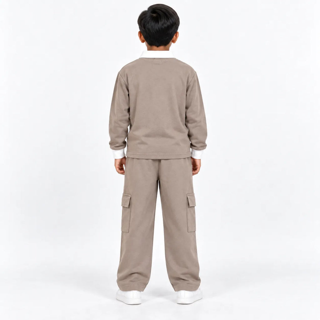 Urban Ease Kids Drop Shoulder T-Shirt & Baggy Cargo Trouser Co-Ord Set – Mushroom Taupe