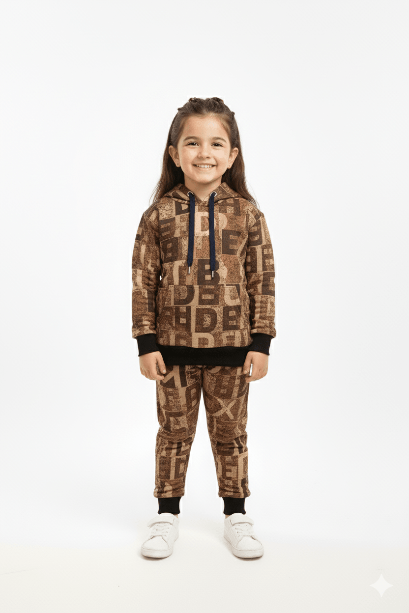 Abstract Brown Patchwork Winter Tracksuit (Kids) - Raab.pk