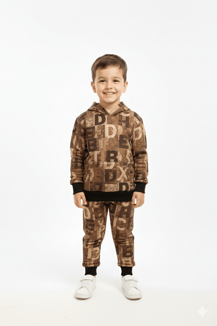 Abstract Brown Patchwork Winter Tracksuit (Kids) - Raab.pk