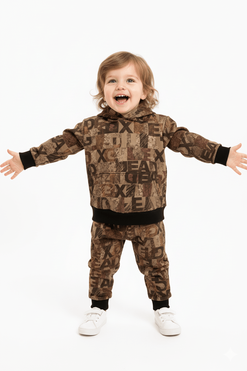 Abstract Brown Patchwork Winter Tracksuit (Kids) - Raab.pk