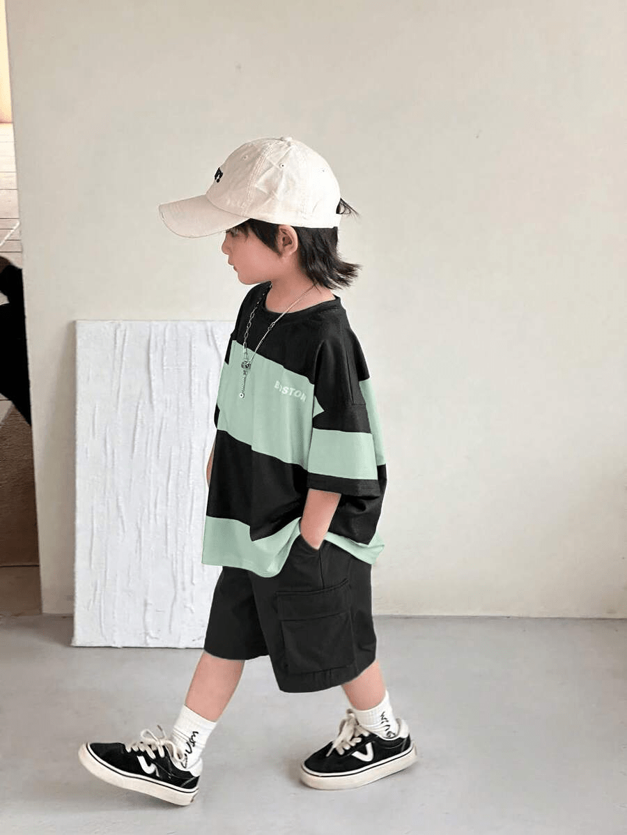 Boston Boys Drop Shoulder T-Shirt & Cargo Shorts 2 - Piece Set (Spring/Summer) - Raab.pk