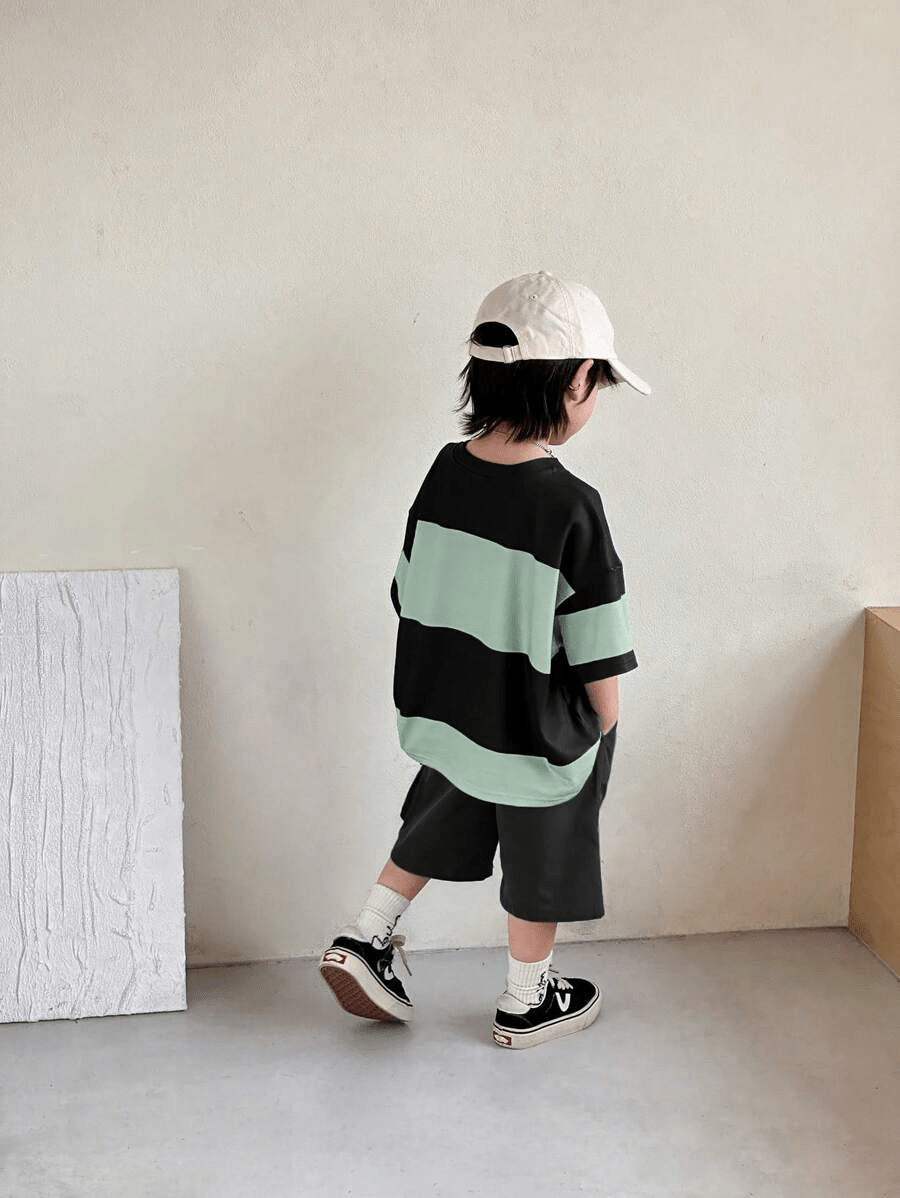 Boston Boys Drop Shoulder T-Shirt & Cargo Shorts 2 - Piece Set (Spring/Summer) - Raab.pk