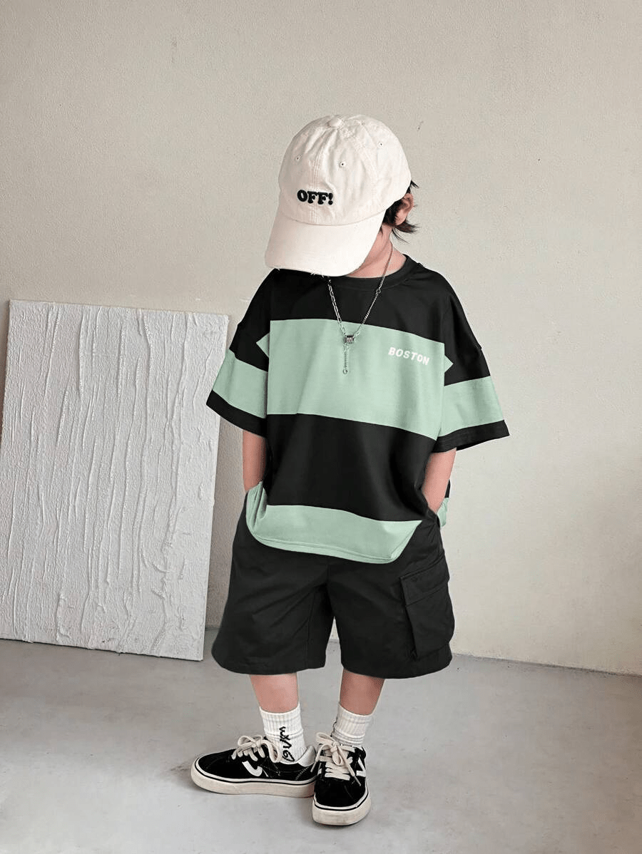 Boston Boys Drop Shoulder T-Shirt & Cargo Shorts 2 - Piece Set (Spring/Summer) - Raab.pk
