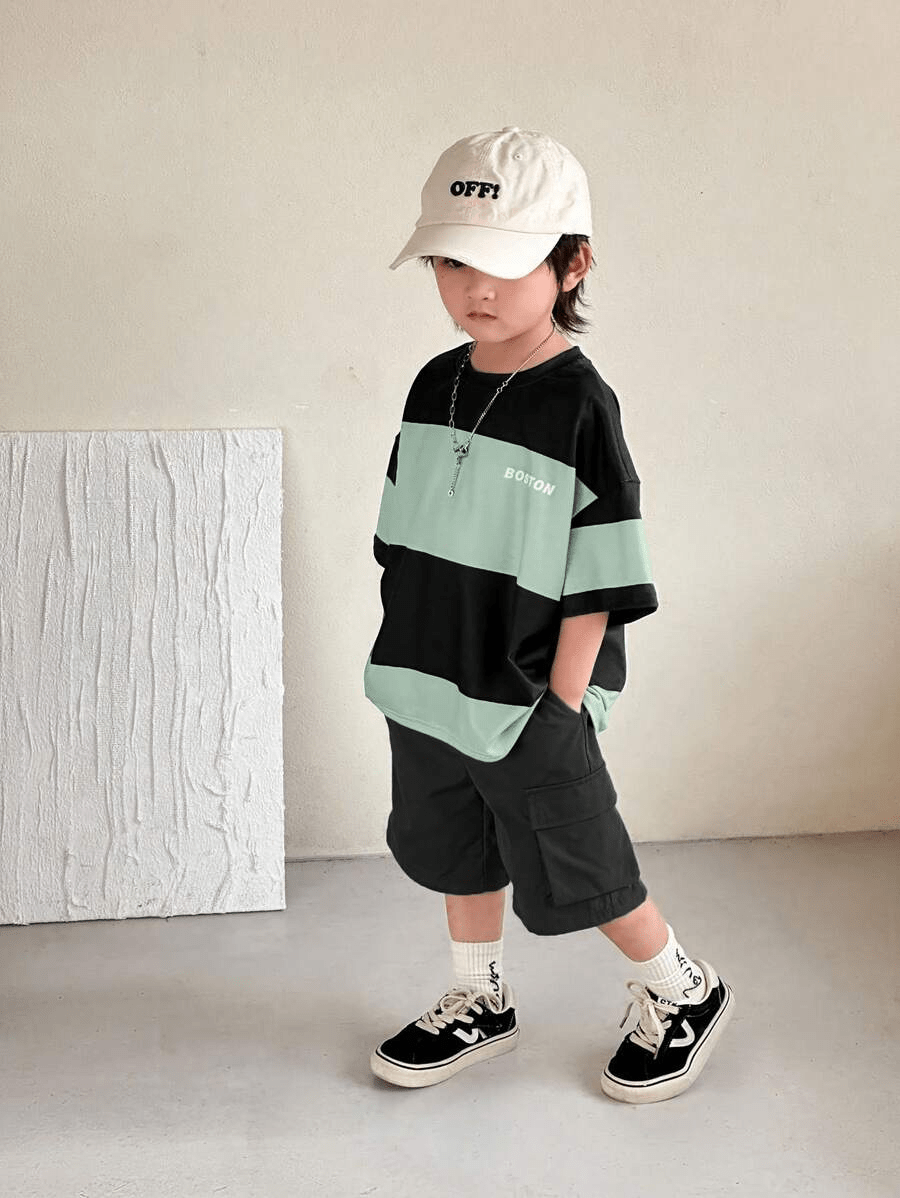 Boston Boys Drop Shoulder T-Shirt & Cargo Shorts 2 - Piece Set (Spring/Summer) - Raab.pk