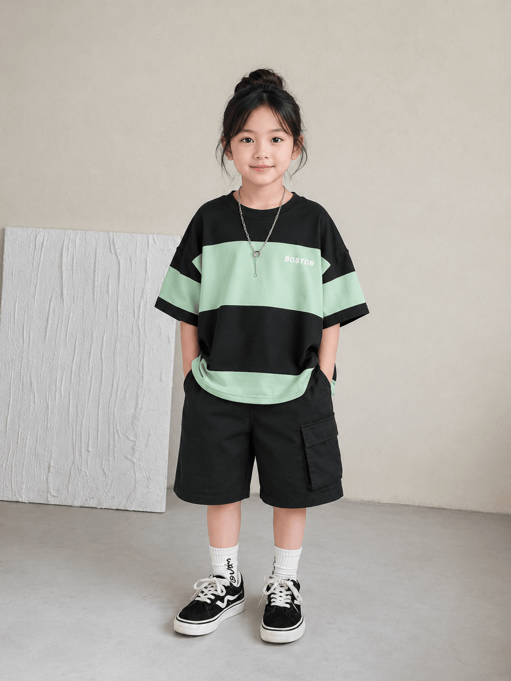 Boston Boys Drop Shoulder T-Shirt & Cargo Shorts 2-Piece Set (Spring/Summer) - Raab.pk