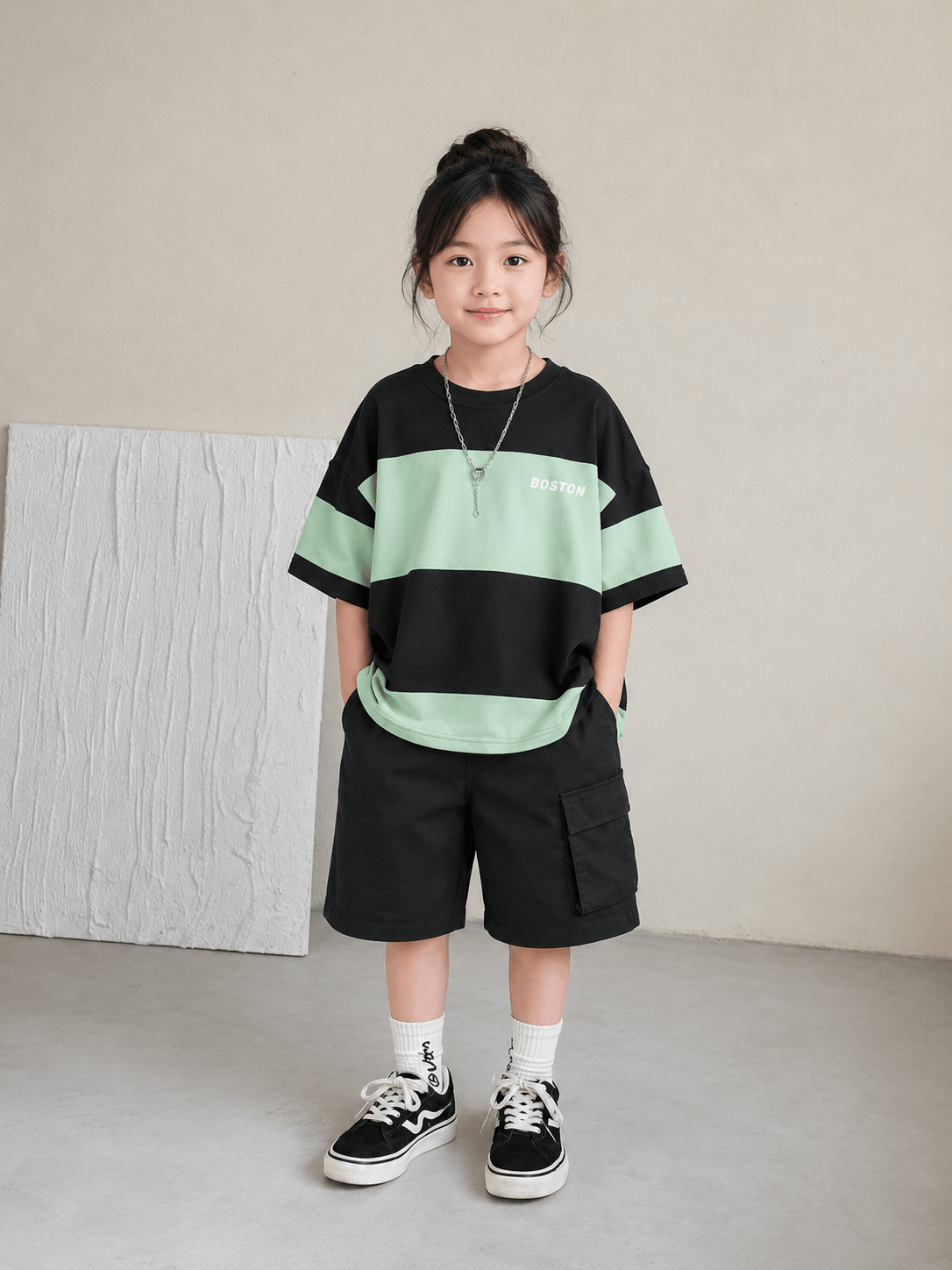 Boston Boys Drop Shoulder T-Shirt & Cargo Shorts 2-Piece Set (Spring/Summer) - Raab.pk