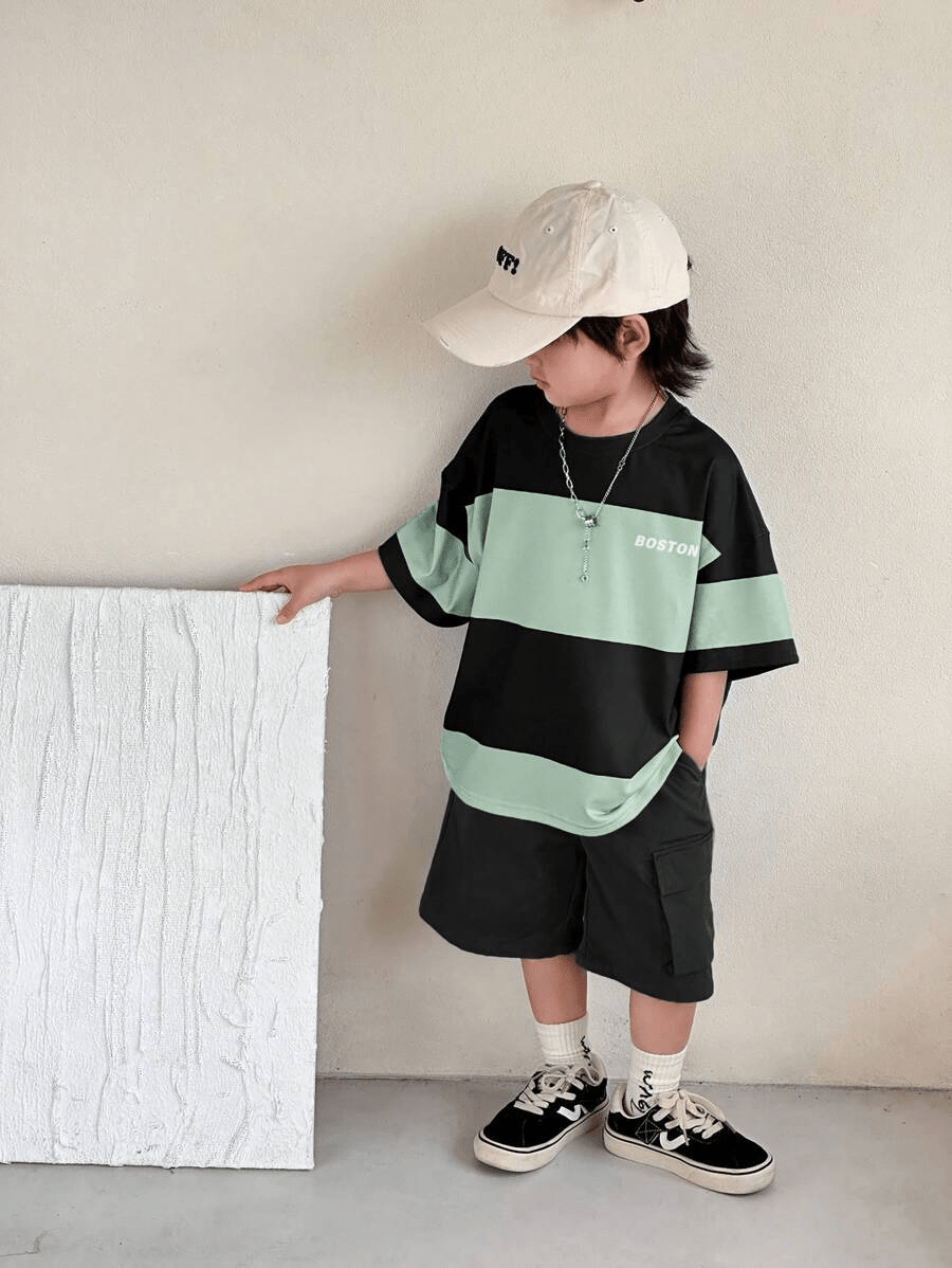 Boston Boys Drop Shoulder T-Shirt & Cargo Shorts 2 - Piece Set (Spring/Summer) - Raab.pk