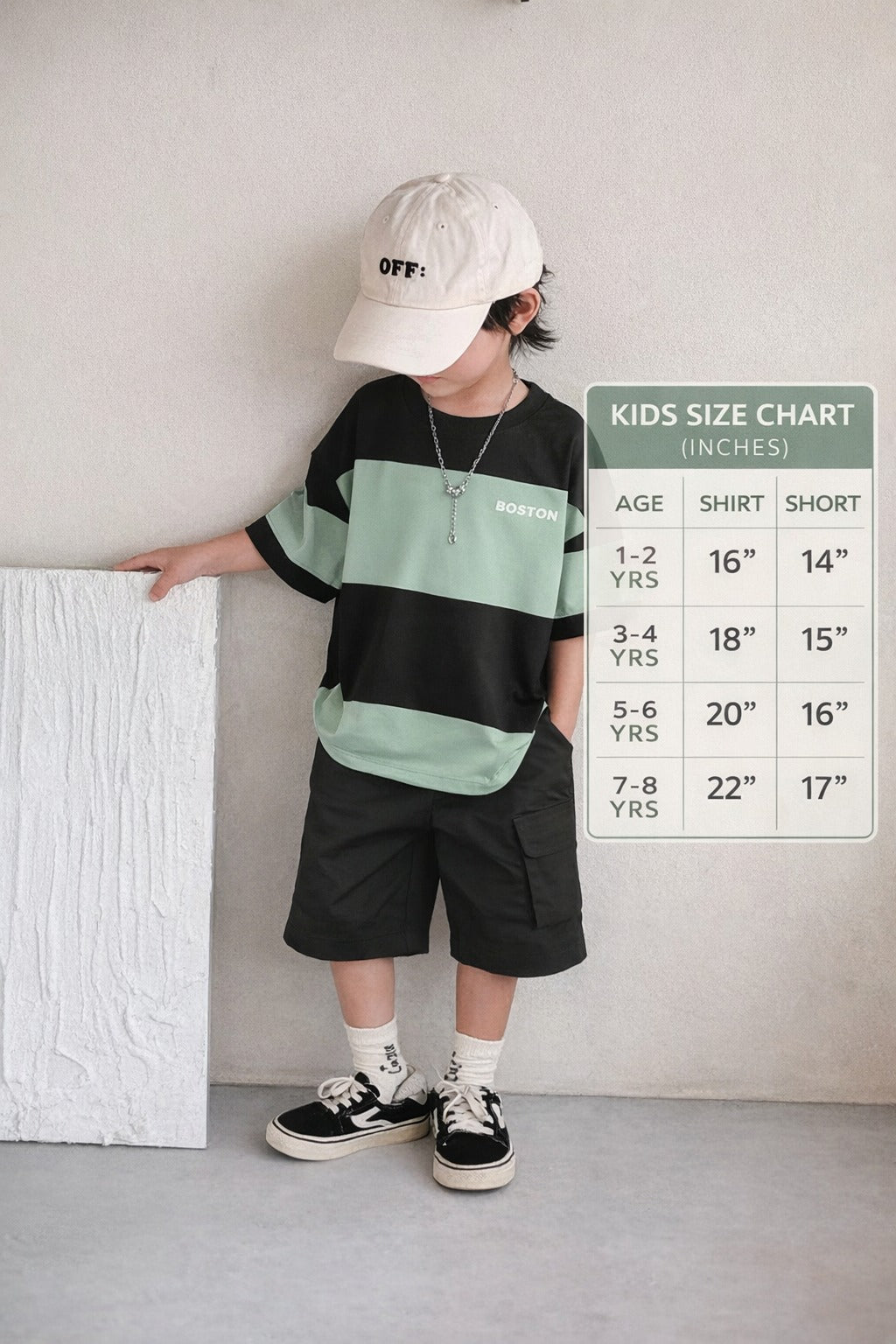 Boston Boys Drop Shoulder T-Shirt & Cargo Shorts 2 - Piece Set (Spring/Summer) - Raab.pk