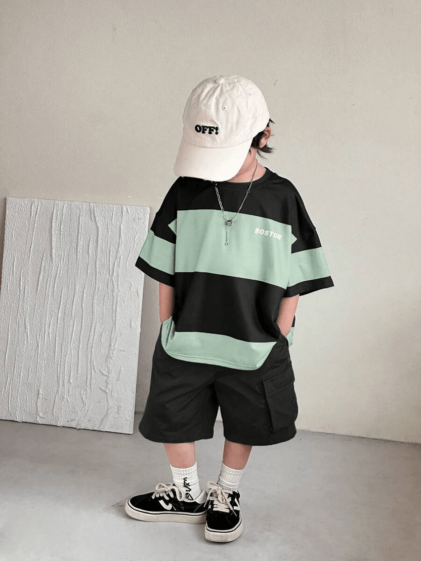 Boston Boys Drop Shoulder T-Shirt & Cargo Shorts 2-Piece Set (Spring/Summer)