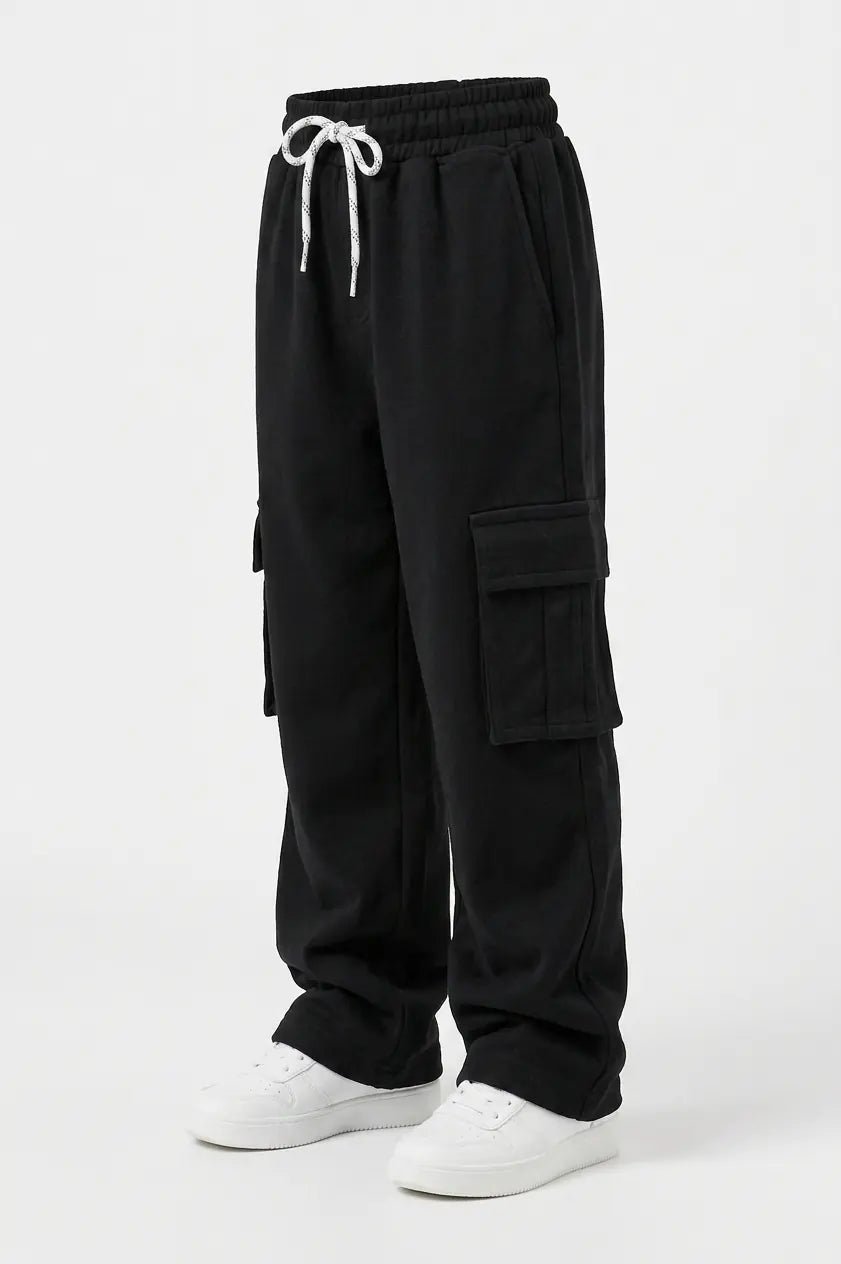 Boys Black Baggy Cargo Trouser Pants - Wide Leg Loose Fit Streetwear Trousers (3-12 Years) - Raab.pk