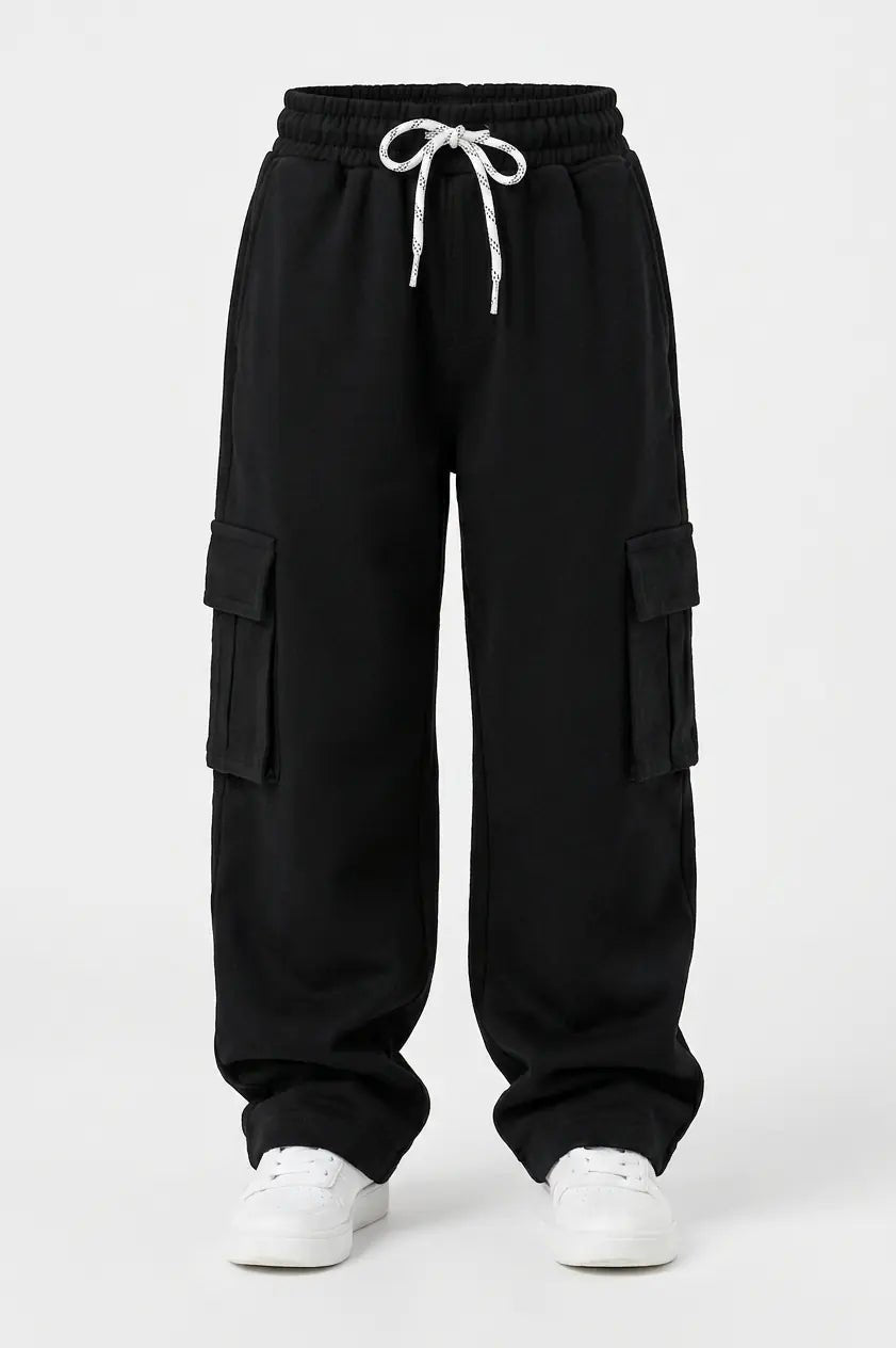 Boys Black Baggy Cargo Trouser Pants - Wide Leg Loose Fit Streetwear Trousers (3-12 Years) - Raab.pk