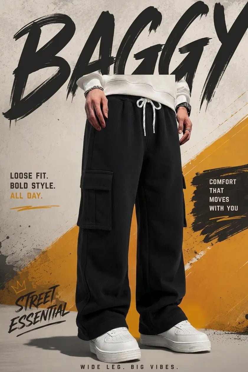 Boys Black Baggy Cargo Trouser Pants - Wide Leg Loose Fit Streetwear Trousers (3-12 Years) - Raab.pk