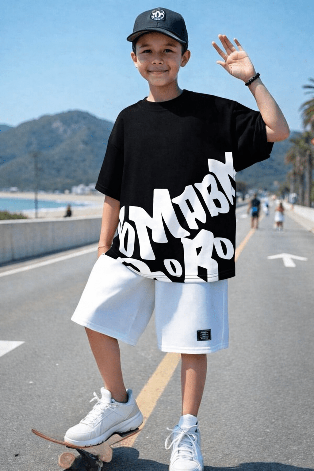 Boys Street Style Letter Print Drop Shoulder T-Shirt with Solid Shorts 2 - Piece Summer Set - Raab.pk
