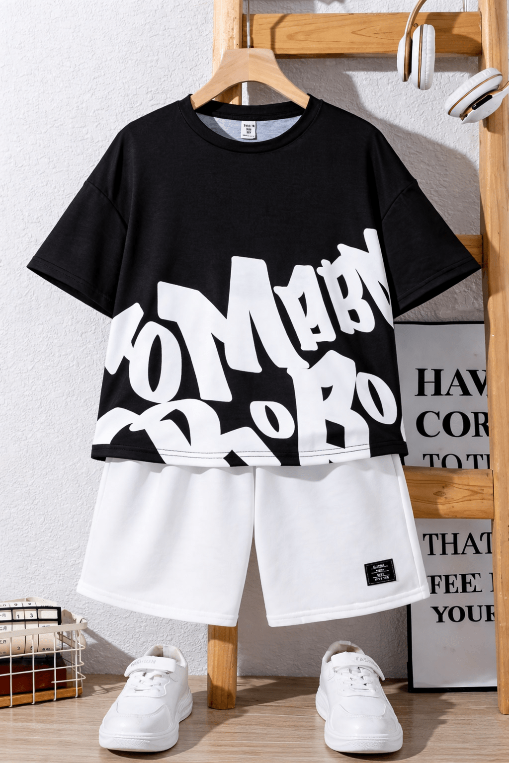 Boys Street Style Letter Print Drop Shoulder T-Shirt with Solid Shorts 2 - Piece Summer Set - Raab.pk