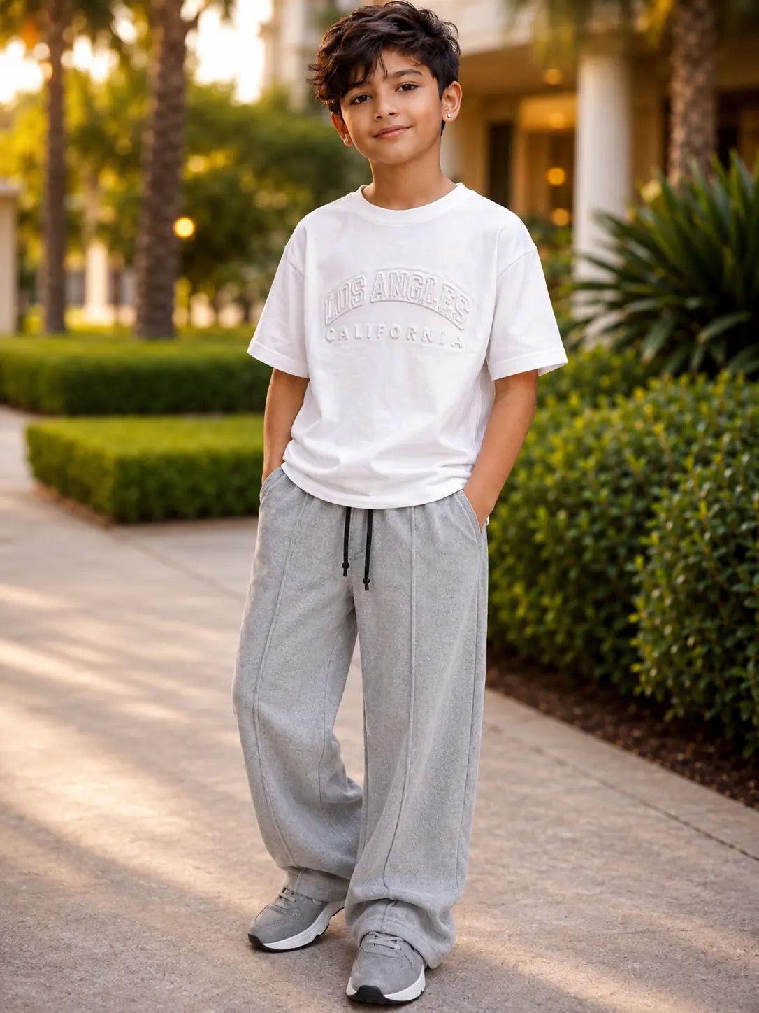 Drop Shoulder T-Shirt with Gray Baggy Trouser Set for Boys | 3–15 Years - Raab.pk