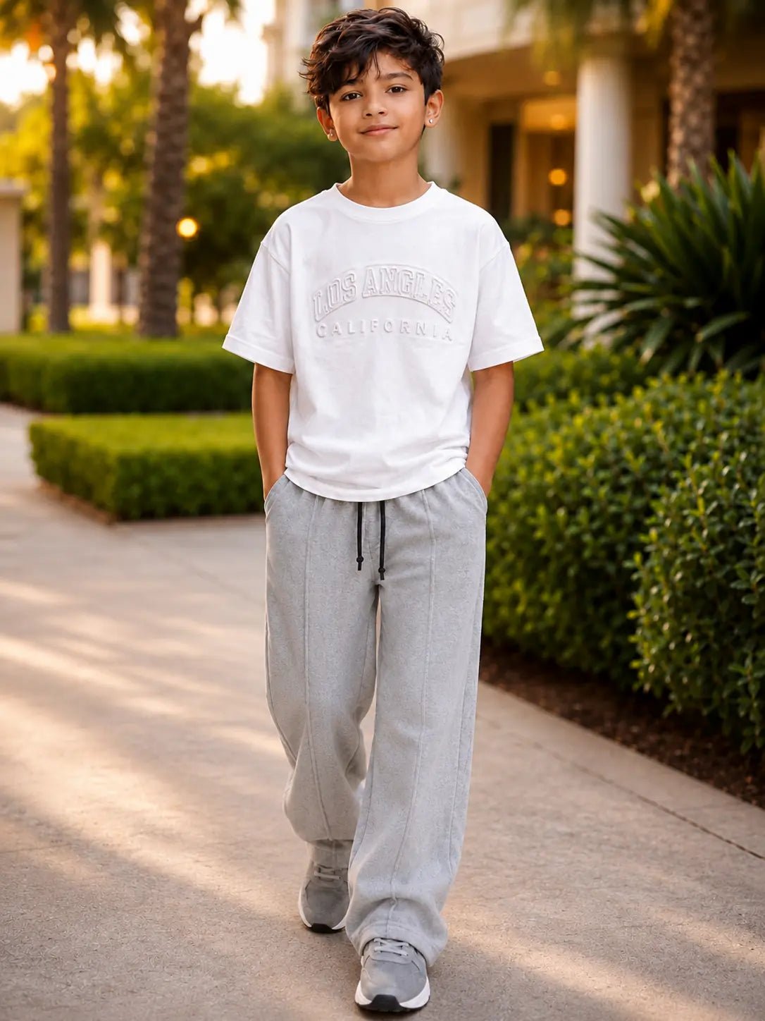 Drop Shoulder T-Shirt with Gray Baggy Trouser Set for Boys | 3–15 Years - Raab.pk