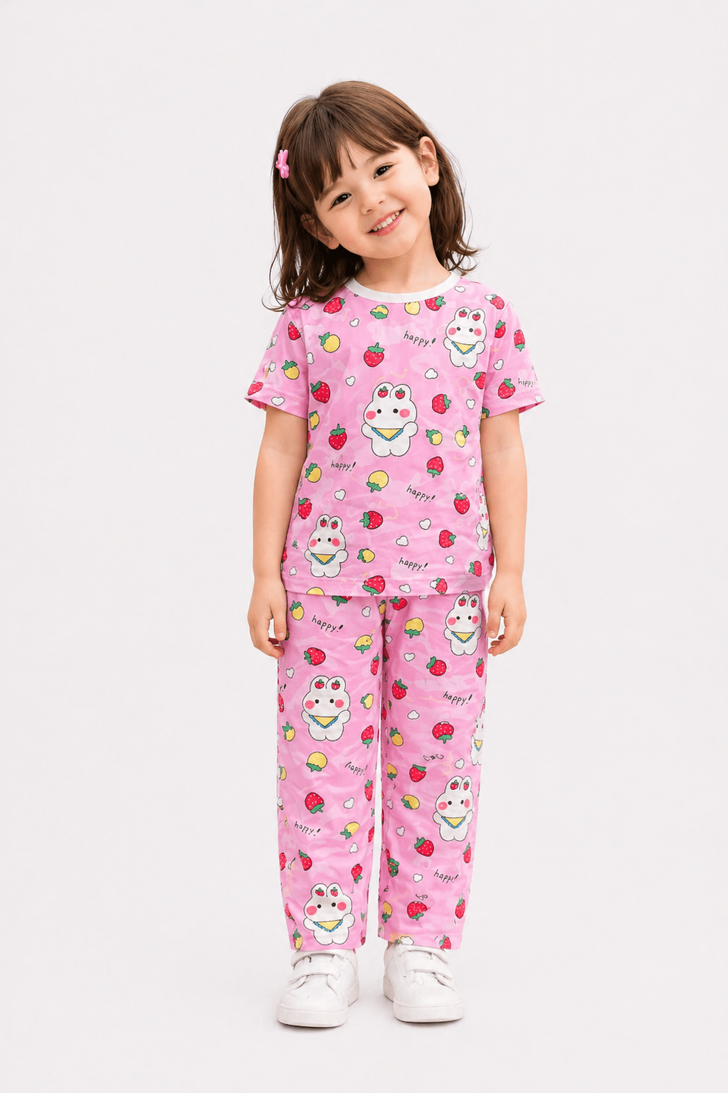 Girls Cute Bunny & Strawberry Printed Ice Cotton Co - Ord Set - Raab.pk