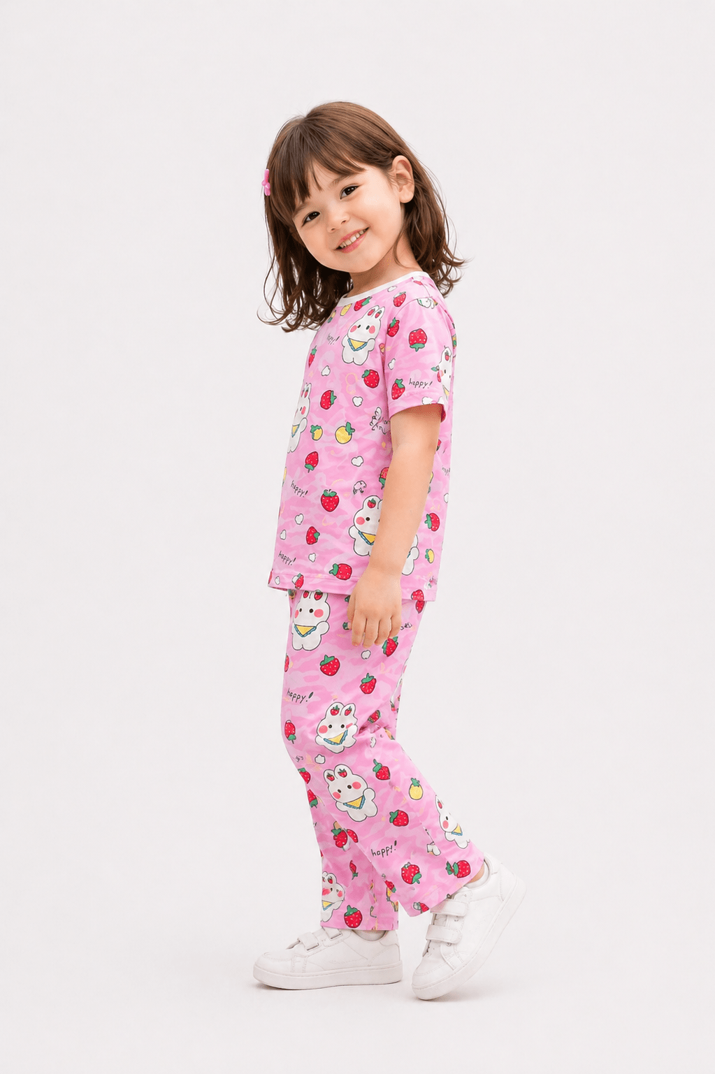 Girls Cute Bunny & Strawberry Printed Ice Cotton Co - Ord Set - Raab.pk