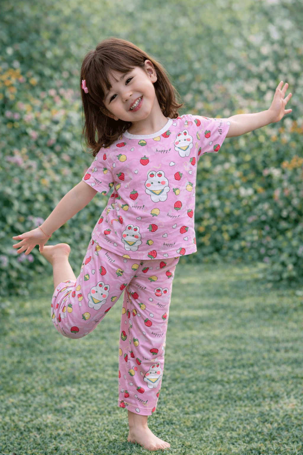 Girls Cute Bunny & Strawberry Printed Ice Cotton Co - Ord Set - Raab.pk