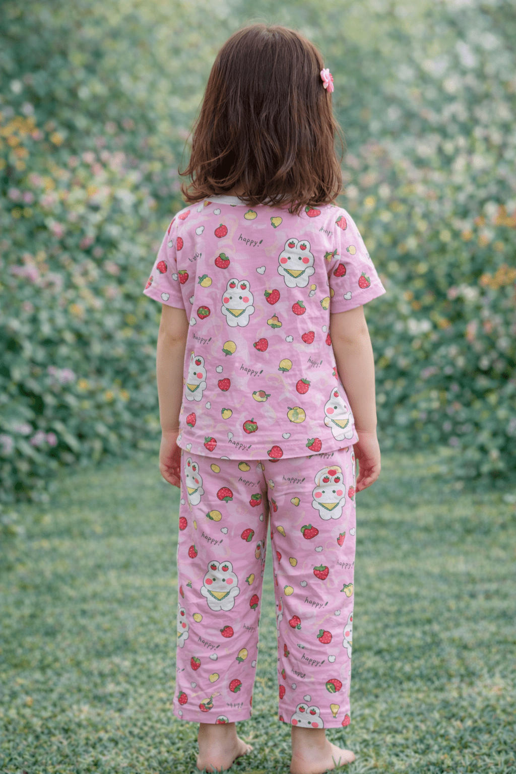 Girls Cute Bunny & Strawberry Printed Ice Cotton Co - Ord Set - Raab.pk