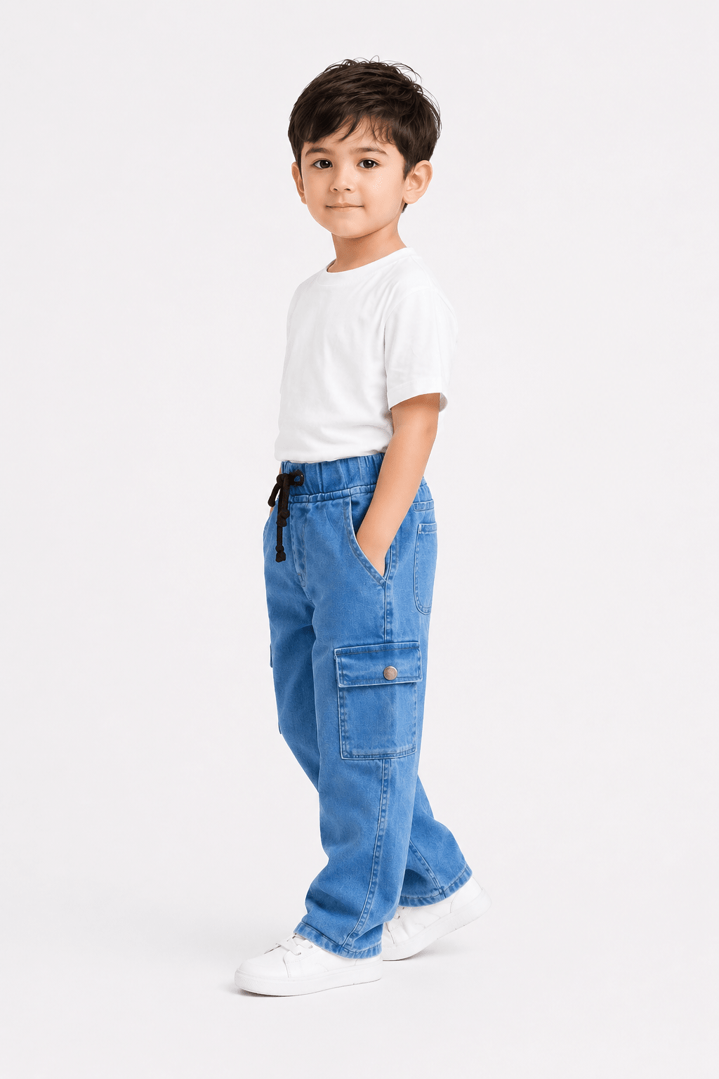 Kids Blue Wash Power Stretch Denim Cargo Pants – Premium Sartan Fabric - Raab.pk