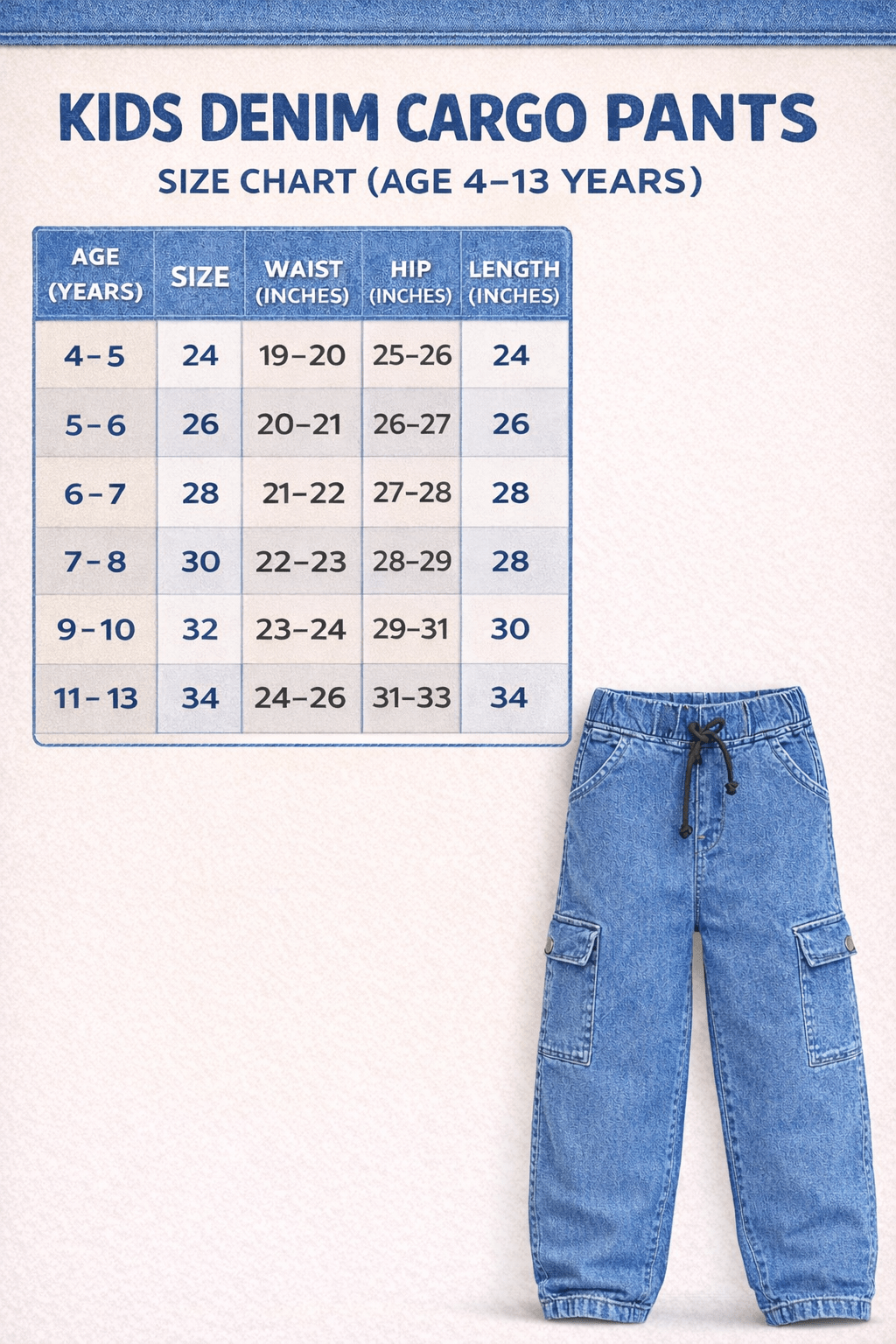 Kids Blue Wash Power Stretch Denim Cargo Pants – Premium Sartan Fabric - Raab.pk