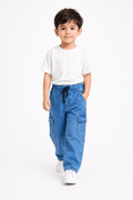 Kids Blue Wash Power Stretch Denim Cargo Pants – Premium Sartan Fabric - Raab.pk
