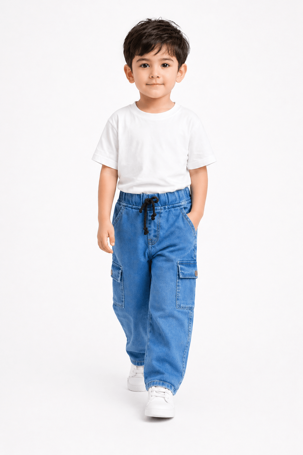 Kids Blue Wash Power Stretch Denim Cargo Pants – Premium Sartan Fabric - Raab.pk