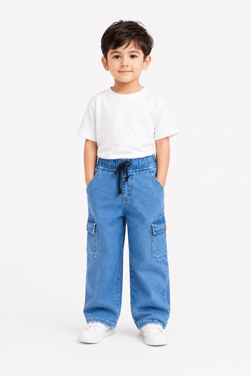 Kids Blue Wash Power Stretch Denim Cargo Pants – Premium Sartan Fabric - Raab.pk