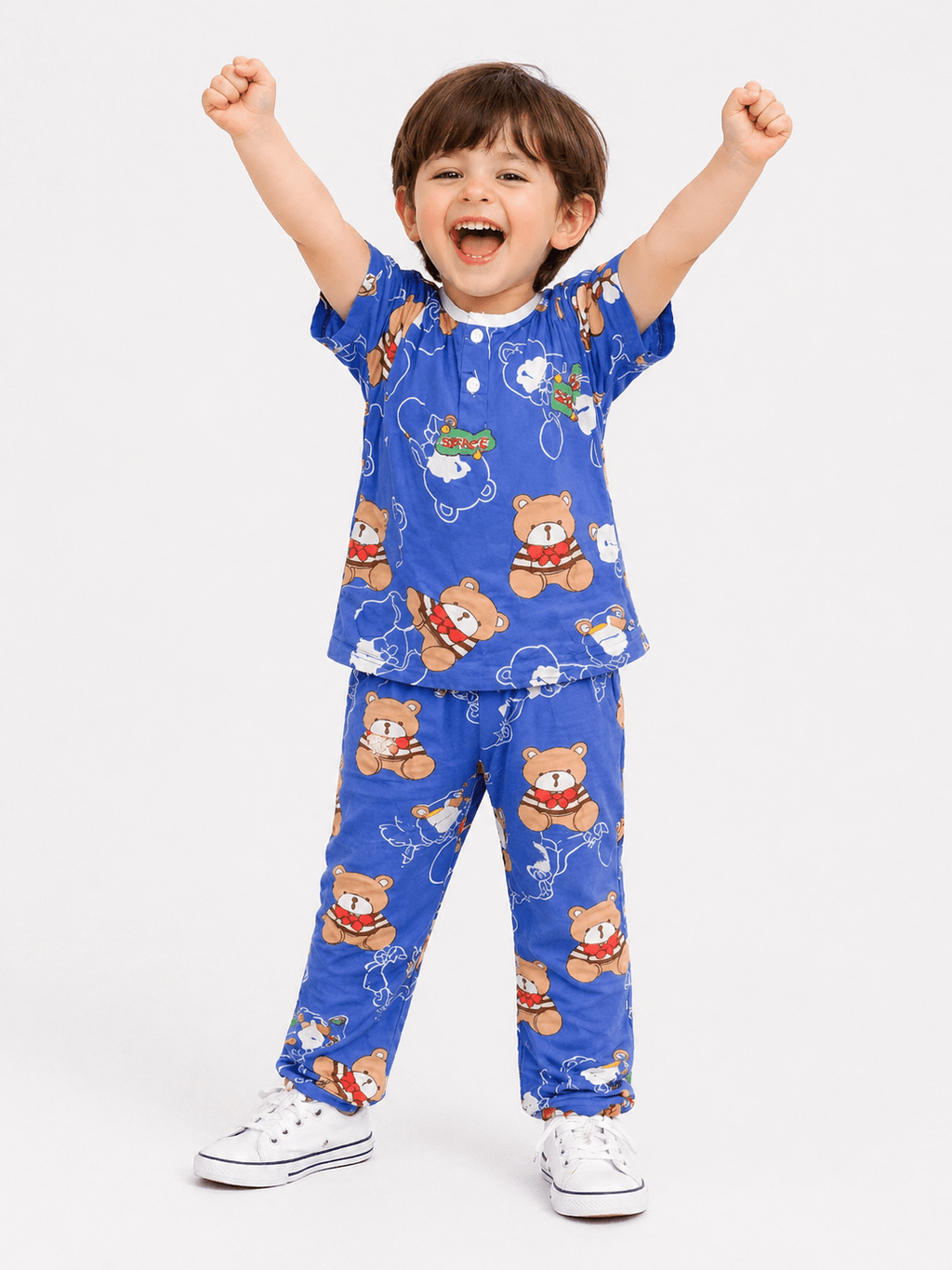 Kids Cute Teddy Bear Printed Ice Cotton Co - Ord Set - Raab.pk
