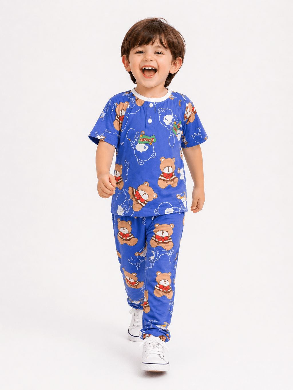 Kids Cute Teddy Bear Printed Ice Cotton Co - Ord Set - Raab.pk