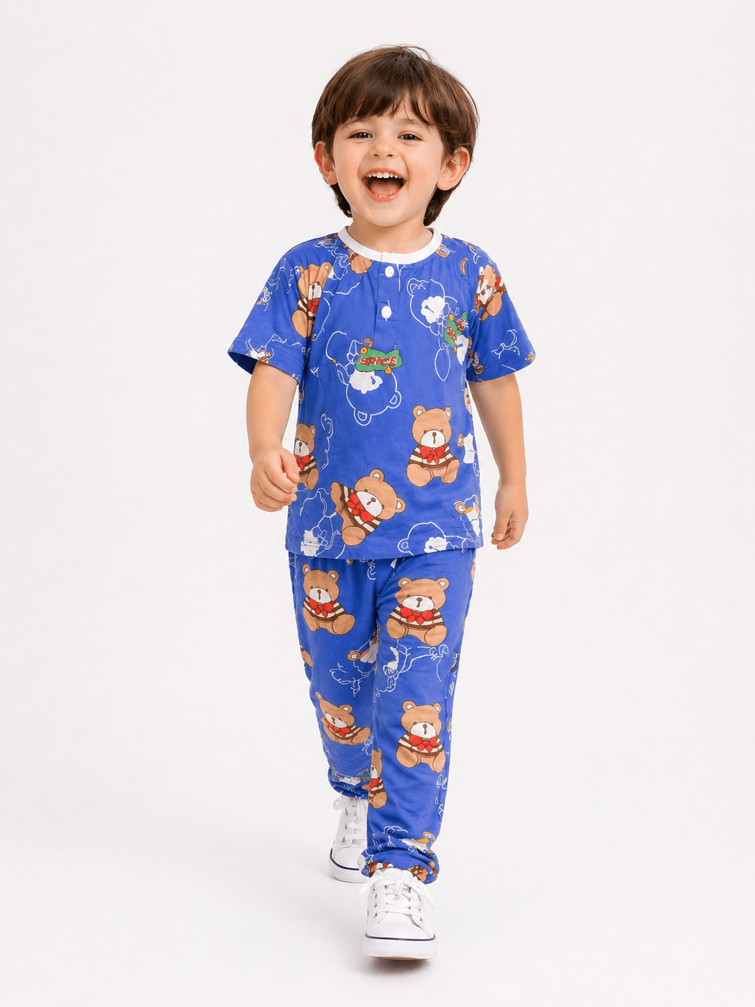 Kids Cute Teddy Bear Printed Ice Cotton Co - Ord Set - Raab.pk