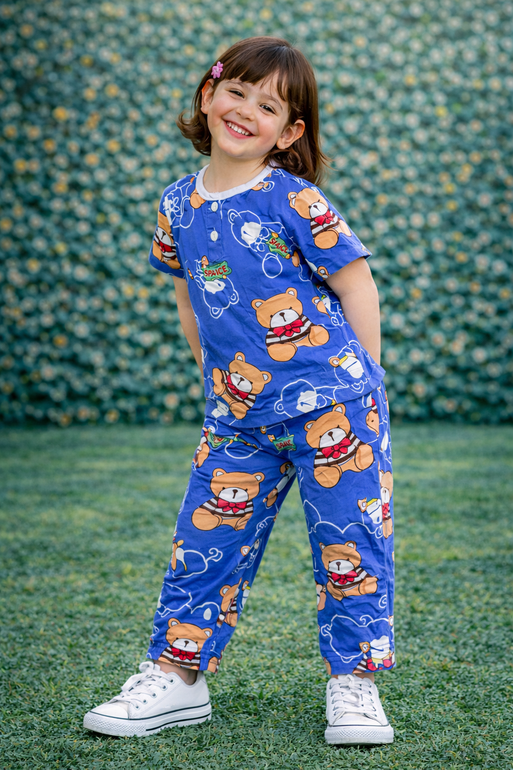 Kids Cute Teddy Bear Printed Ice Cotton Co - Ord Set - Raab.pk