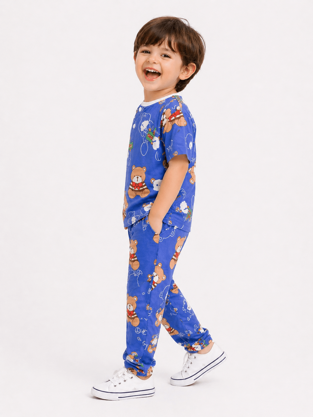 Kids Cute Teddy Bear Printed Ice Cotton Co - Ord Set - Raab.pk