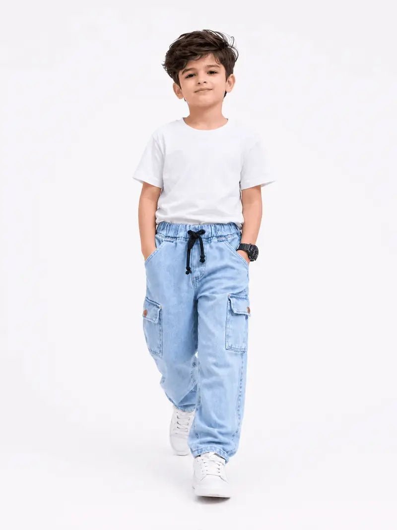 Kids Ice Blue Power Stretch Denim Cargo Pants – Premium Sartan Fabric - Raab.pk
