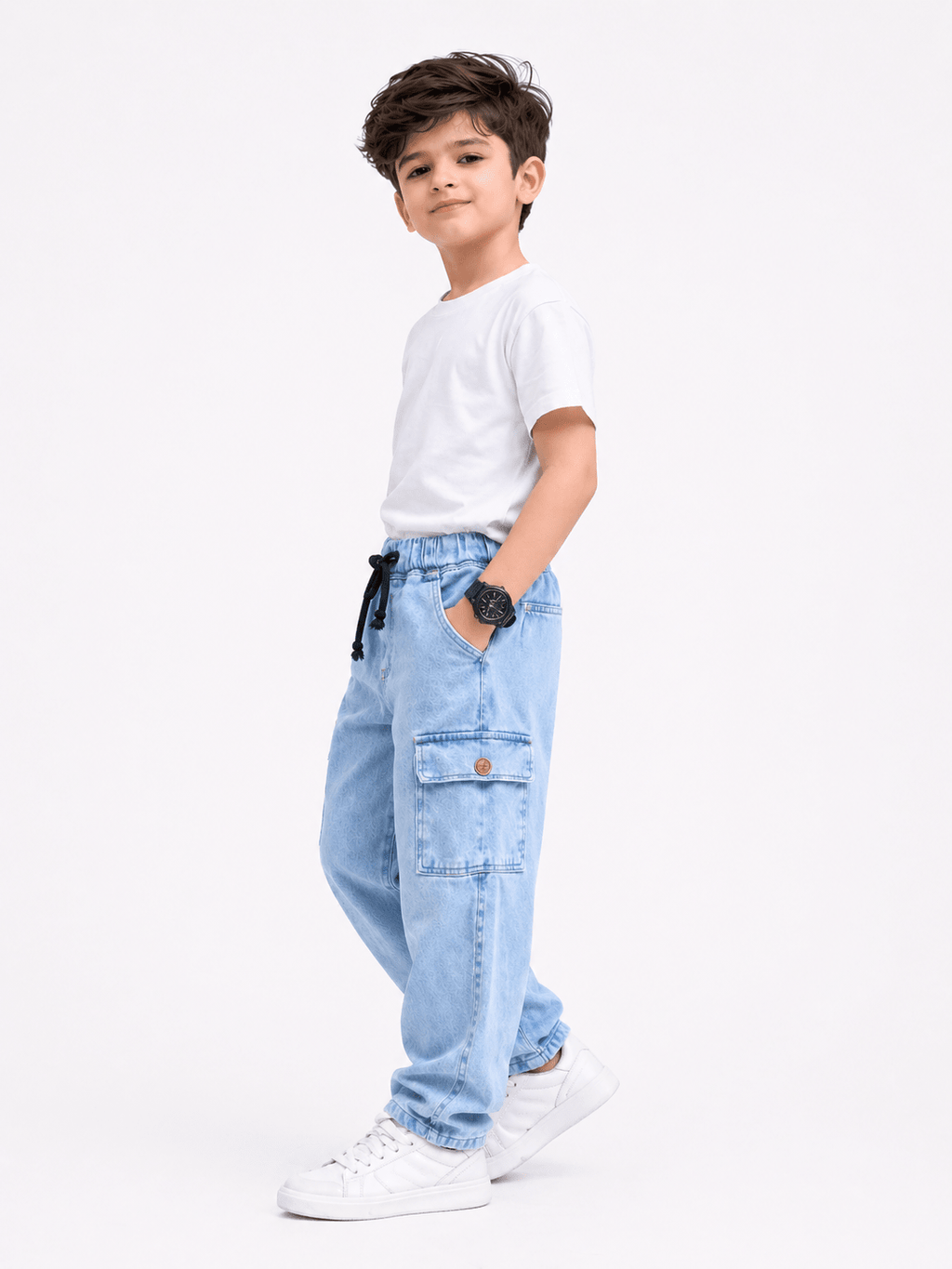 Kids Ice Blue Power Stretch Denim Cargo Pants – Premium Sartan Fabric - Raab.pk