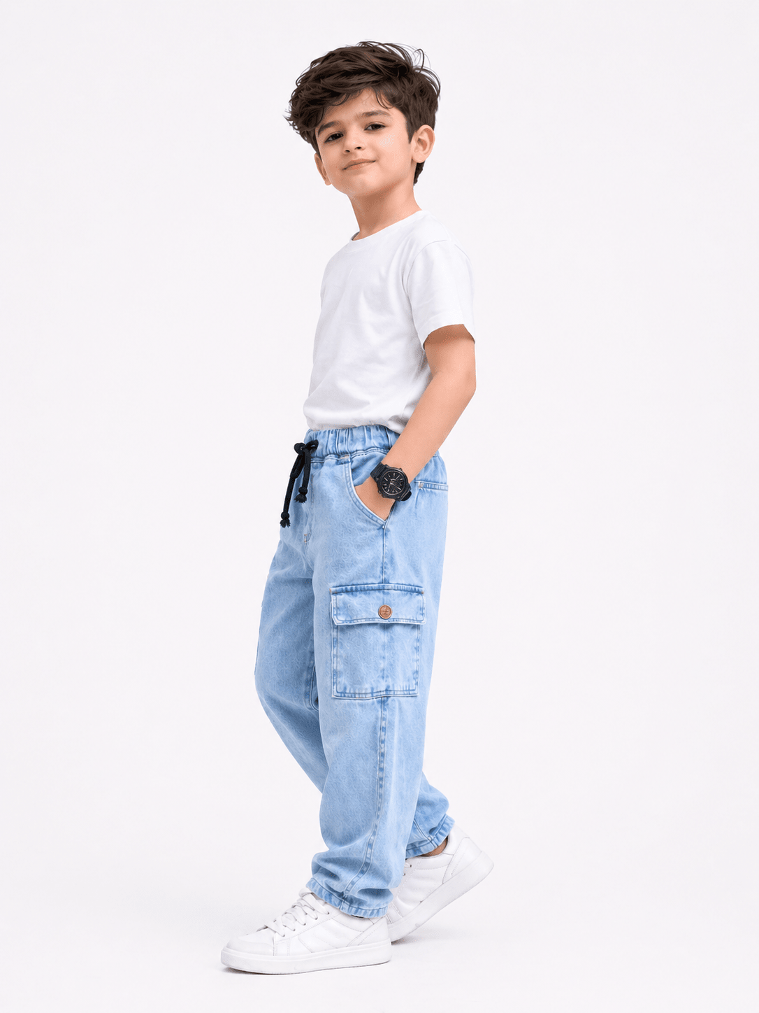 Kids Ice Blue Power Stretch Denim Cargo Pants – Premium Sartan Fabric - Raab.pk