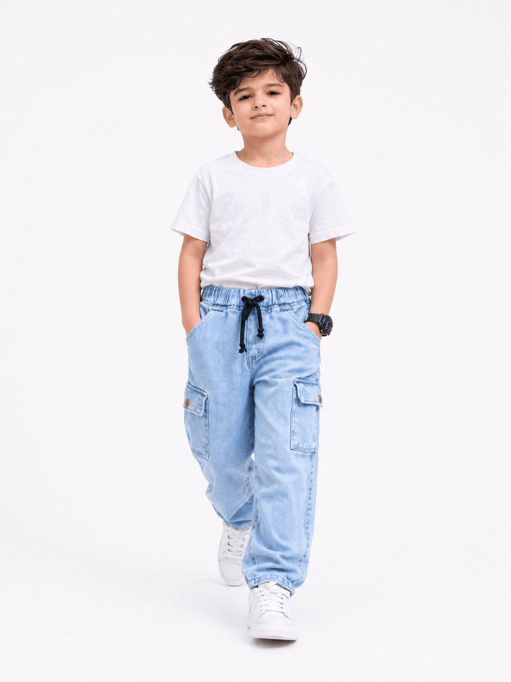 Kids Ice Blue Power Stretch Denim Cargo Pants – Premium Sartan Fabric - Raab.pk