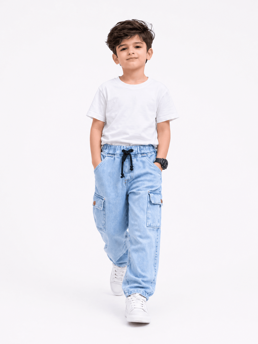 Kids Ice Blue Power Stretch Denim Cargo Pants – Premium Sartan Fabric - Raab.pk